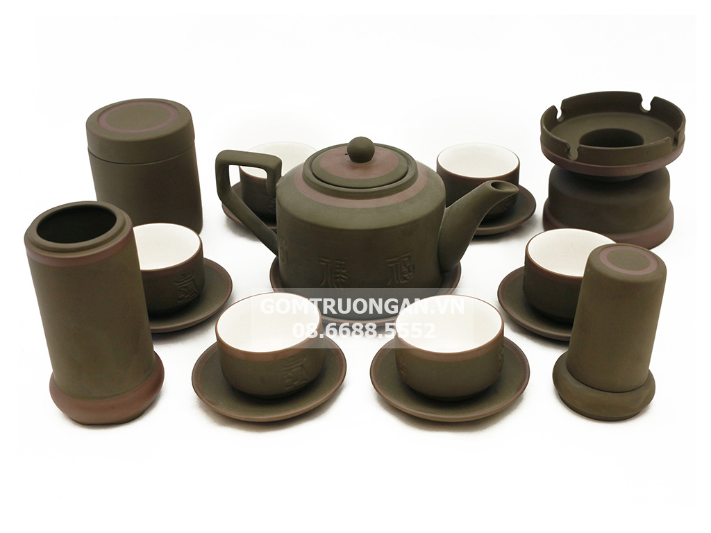 Bộ ấm chén tử sa Bát Tràng tích rêu đầy đủ phụ kiện sang trọng