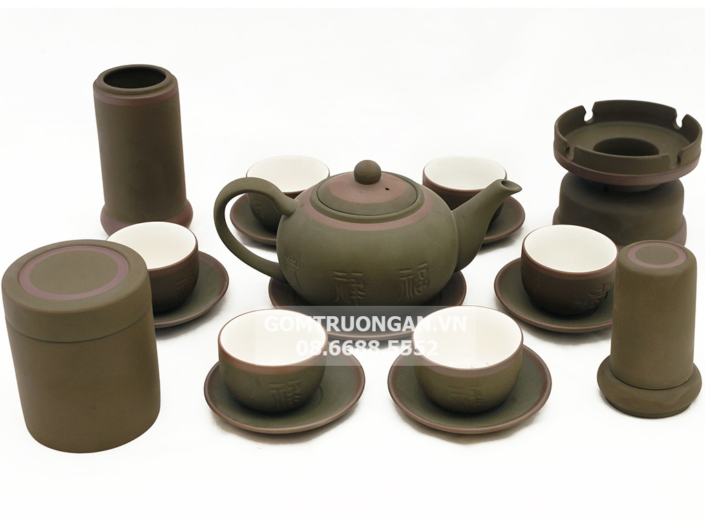 Bộ ấm chén tử sa Bát Tràng dáng tống men rêu cao cấp full phụ kiện Bộ ấm chén tử sa Bát Tràng dáng tống men rêu cao cấp full phụ kiện
