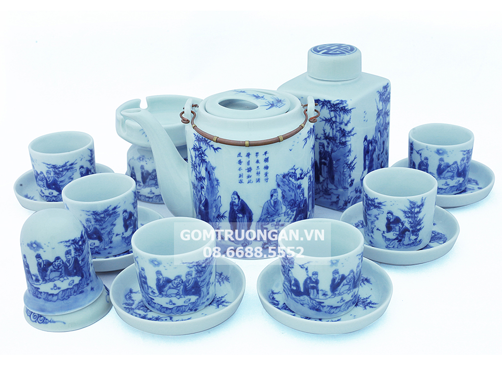 Bộ ấm tích Bát Tràng vẽ Trúc Lâm Thất Hiền 15L kèm phụ kiện chất lượng cao