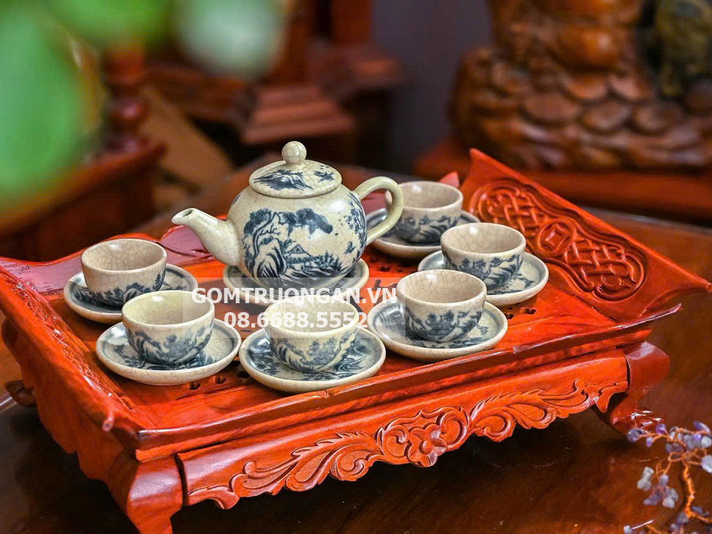 Ấm chén men rạn Bát Tràng đồng quê dáng quả hồng đẹp tiện dụng