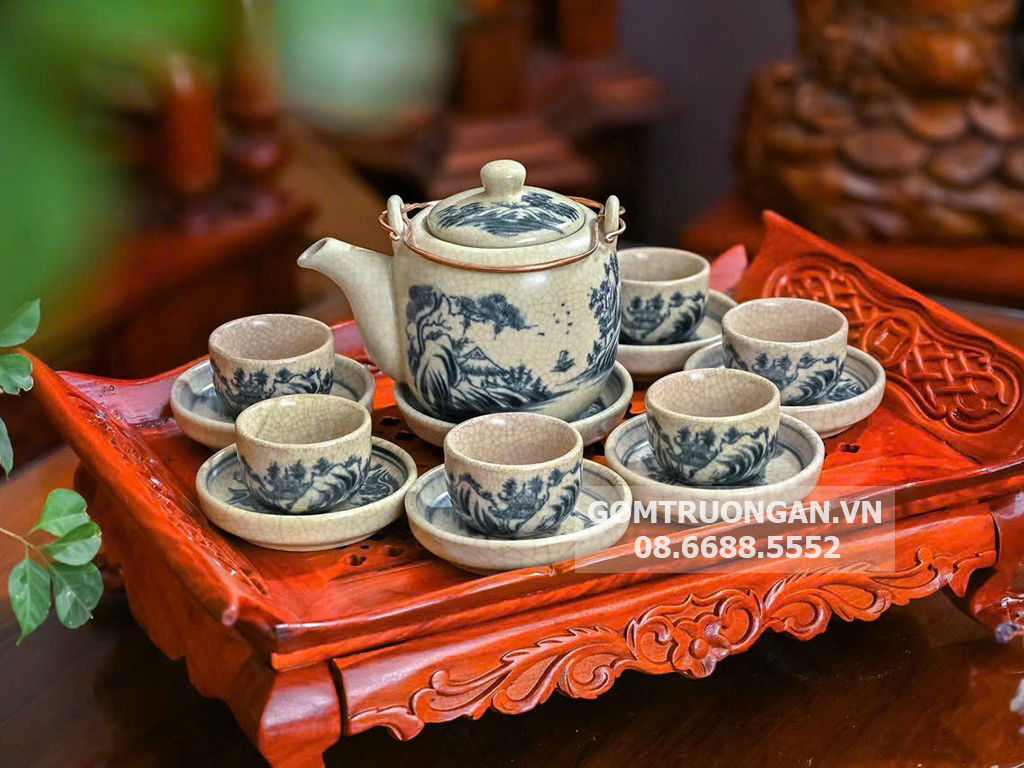 Ấm chén men rạn Bát Tràng cổ điển vẽ sơn thủy sang trọng 14 món
