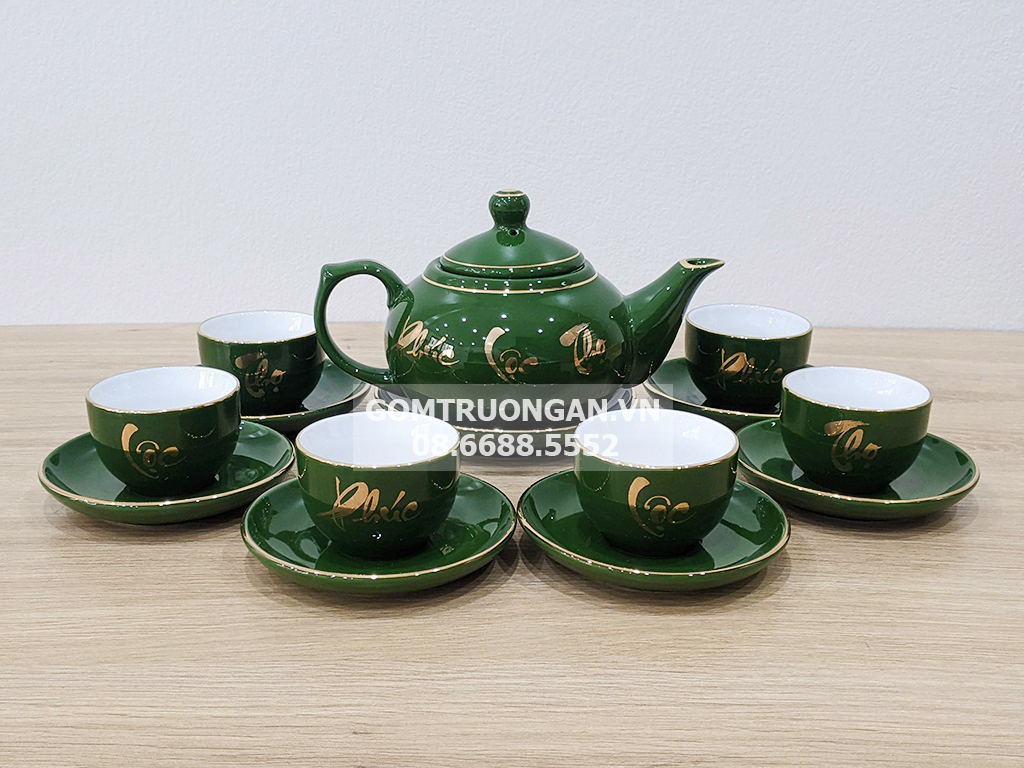Ấm chén Bát Tràng xanh ngọc lục bảo Phúc Lộc Thọ sang trọng