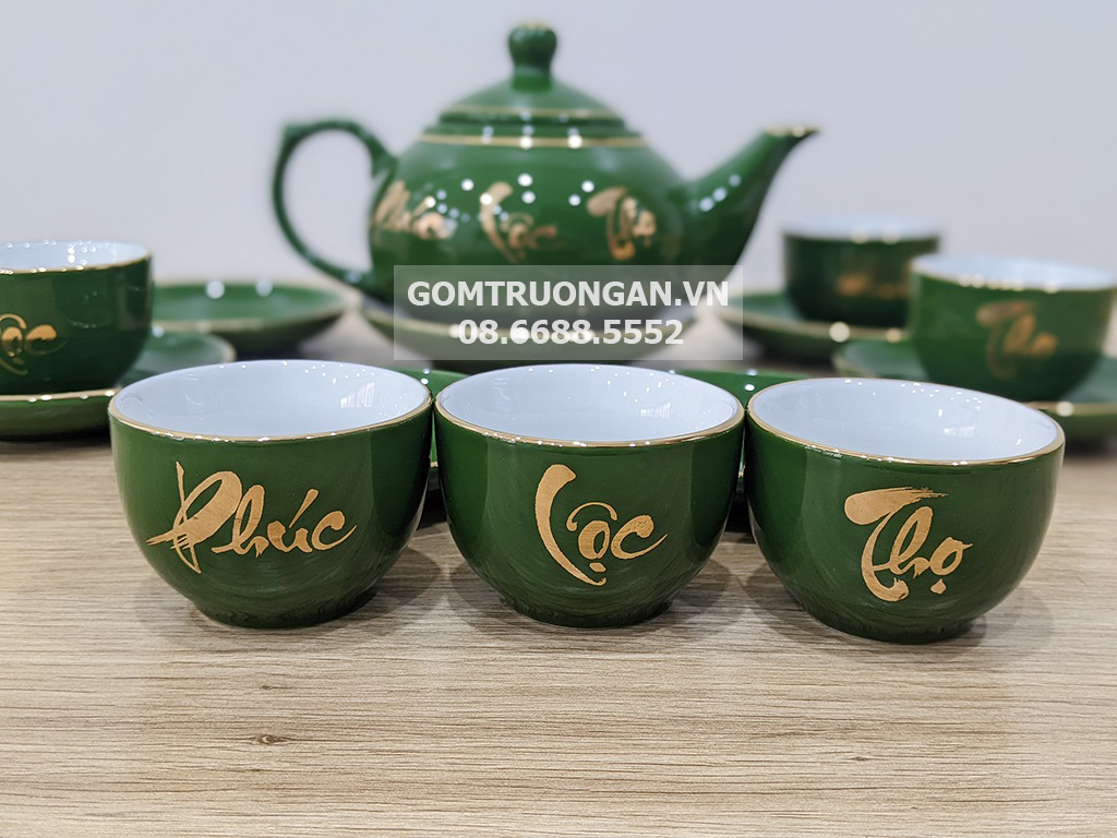 Ấm chén Bát Tràng xanh ngọc lục bảo Phúc Lộc Thọ sang trọng
