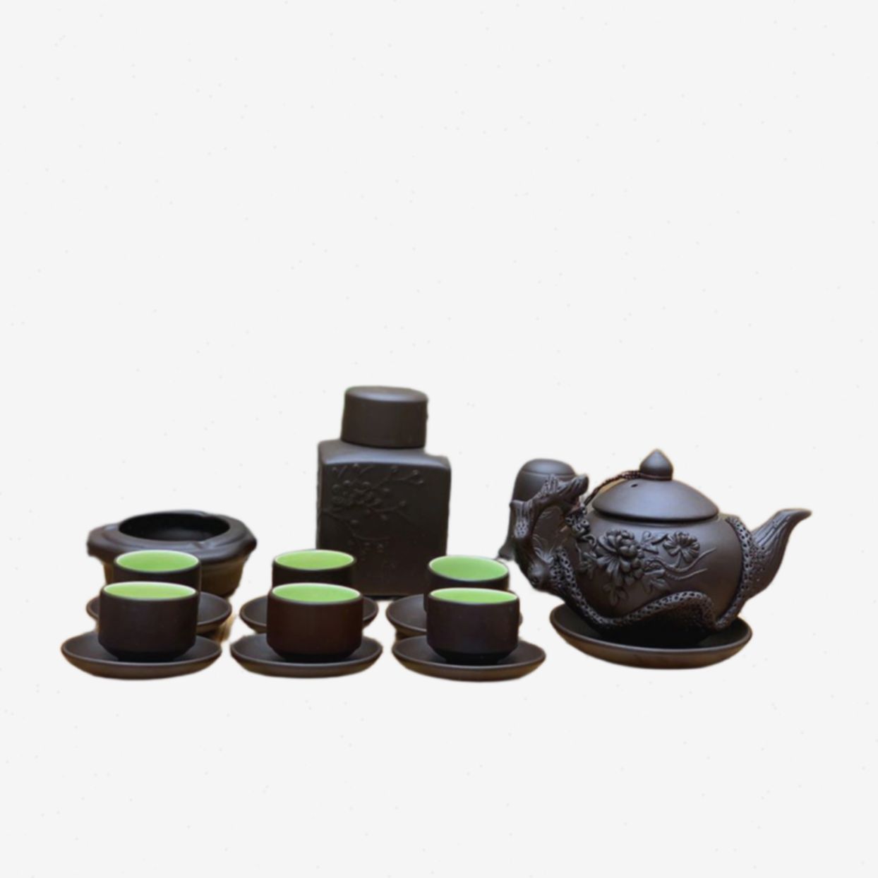 Bộ ấm chén tử sa đen hoa phù dung sang trọng, quà tặng ý nghĩa 