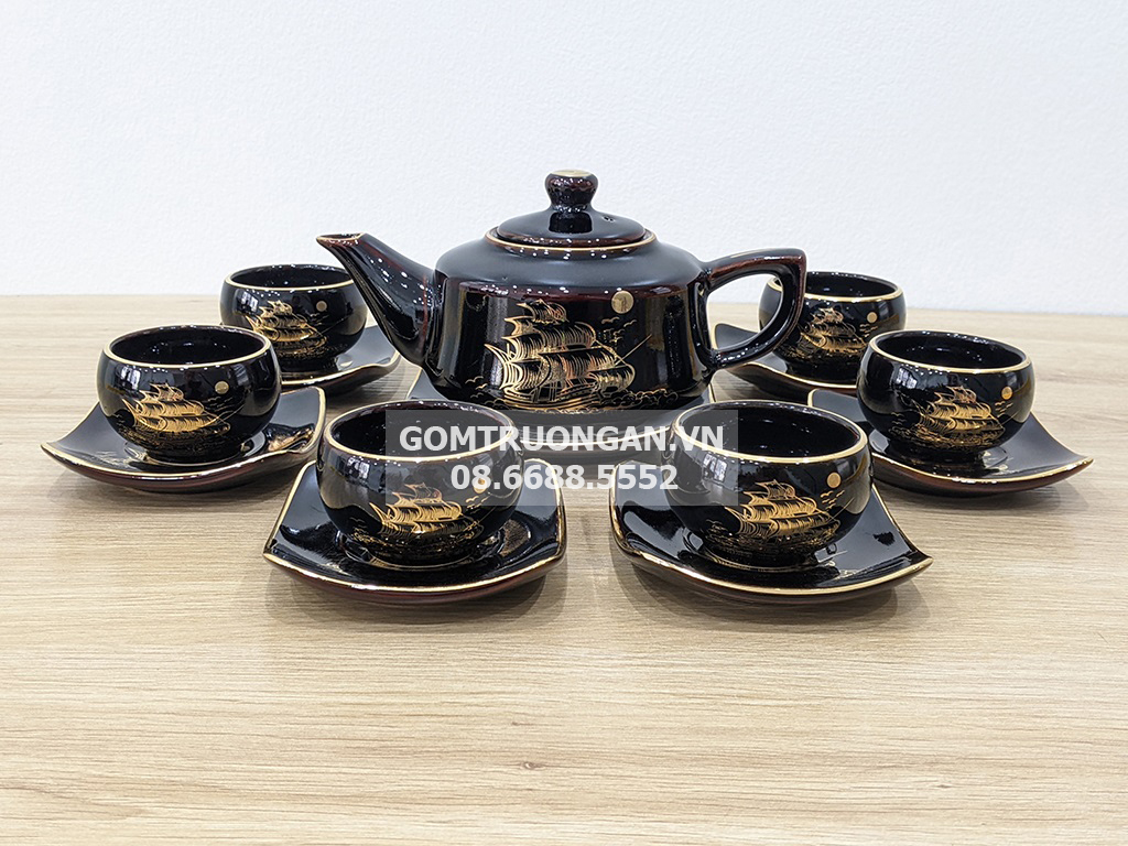 Bộ ấm trà Bát Tràng men đen bóng Thuận Buồm Xuôi Gió cao cấp sang trọng 