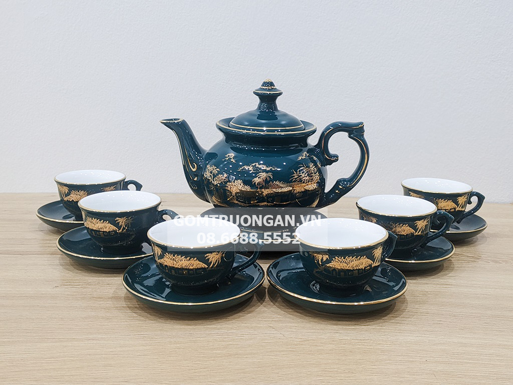 Bộ ấm chén Bát Tràng men xanh cổ vịt sang trọng Vàng 18k 