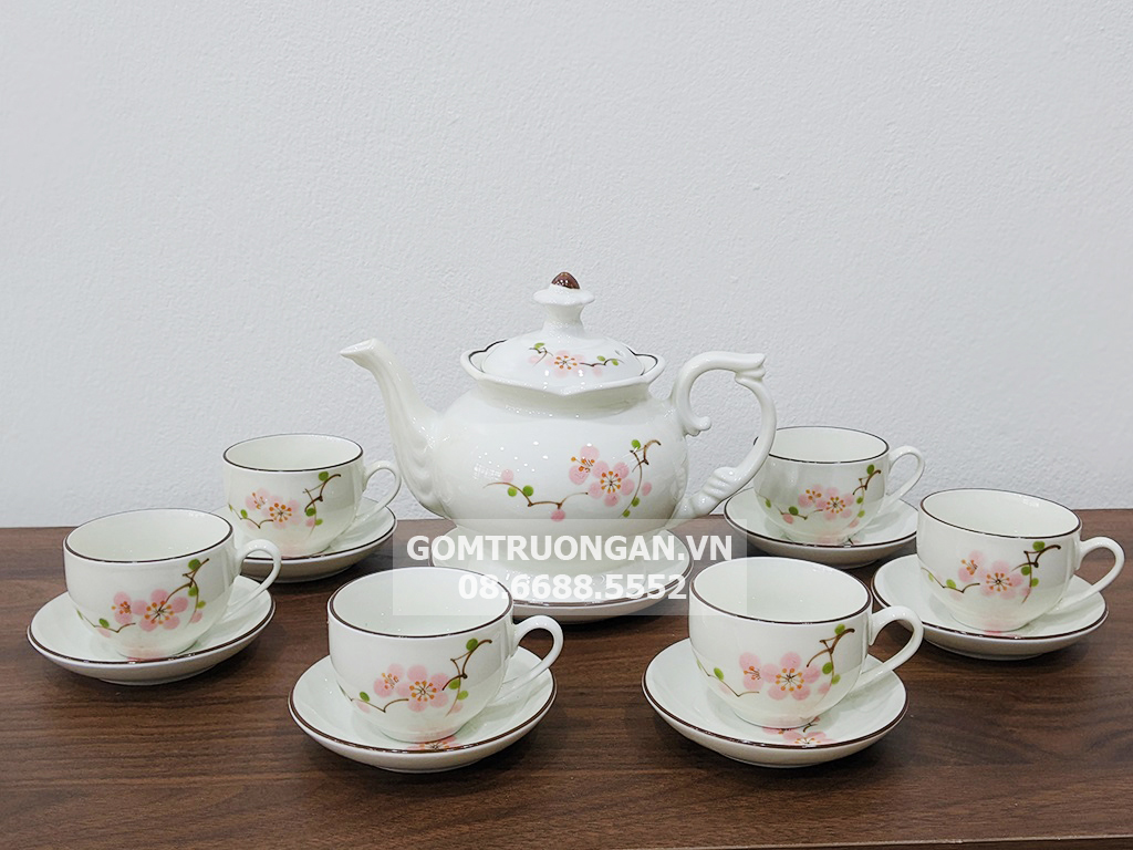 Bộ Ấm Chén Bát Tràng Men Kem Phú Quý Vẽ Tay Đào Hồng Đẹp Bộ Ấm Chén Bát Tràng Men Kem Phú Quý Vẽ Tay Đào Hồng Đẹp