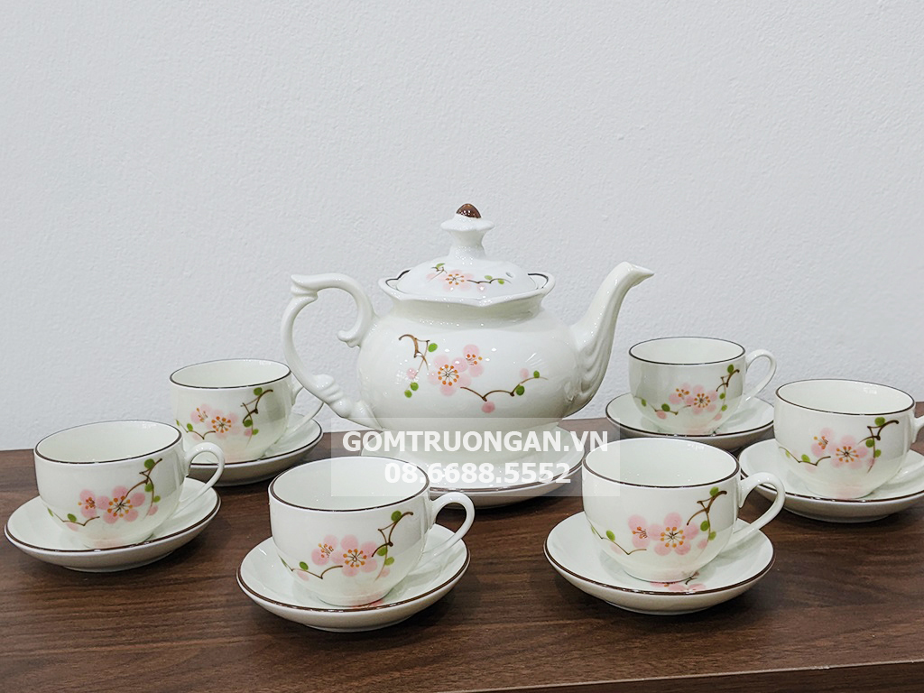 Bộ Ấm Chén Bát Tràng Men Kem Phú Quý Vẽ Tay Đào Hồng Đẹp Bộ Ấm Chén Bát Tràng Men Kem Phú Quý Vẽ Tay Đào Hồng Đẹp
