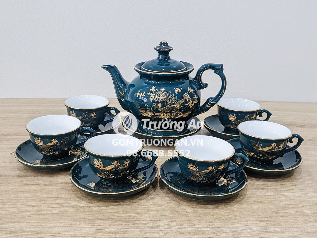 Bộ ấm trà Bát Tràng men xanh cổ vịt Vàng 18k sang trọng mua ngay 