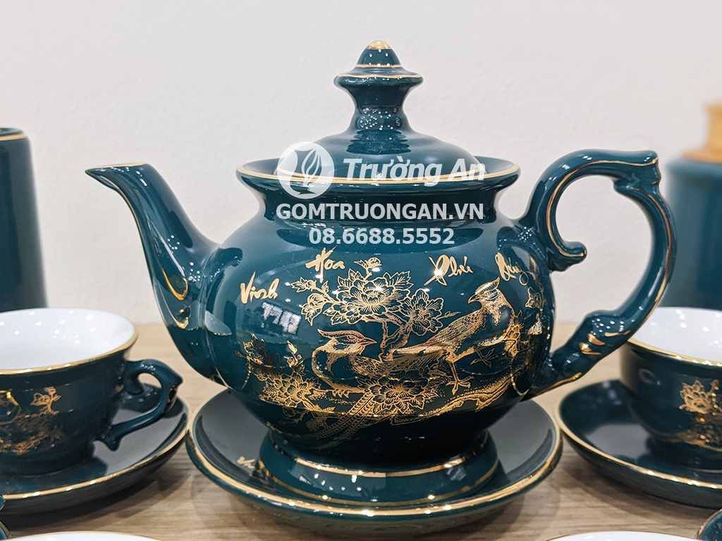 Bộ ấm trà Bát Tràng men xanh cổ vịt Vàng 18k sang trọng mua ngay