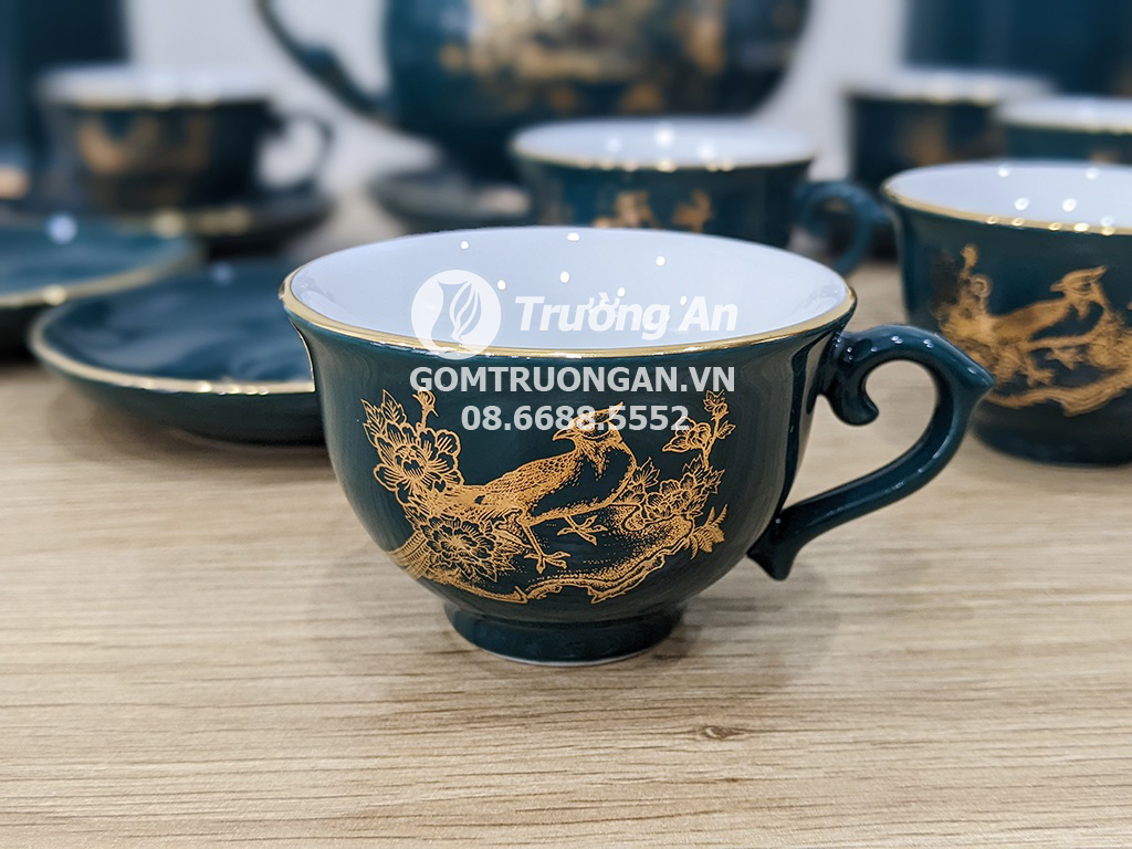 Bộ ấm trà Bát Tràng men xanh cổ vịt Vàng 18k sang trọng mua ngay