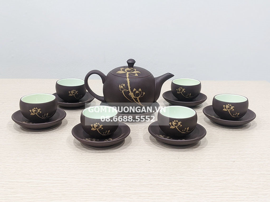 Bộ ấm chén hồng sa Bát Tràng hoa sen sang trọng quà tặng ý nghĩa