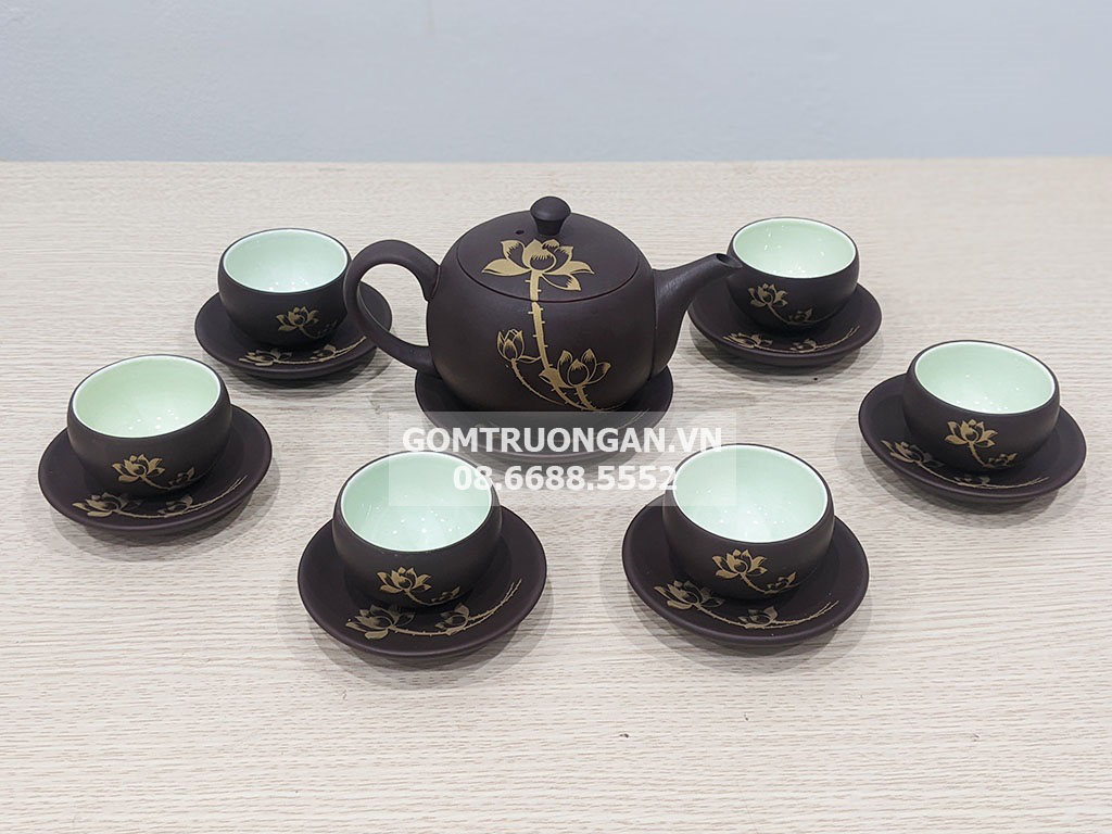 Bộ ấm chén hồng sa Bát Tràng hoa sen sang trọng quà tặng ý nghĩa