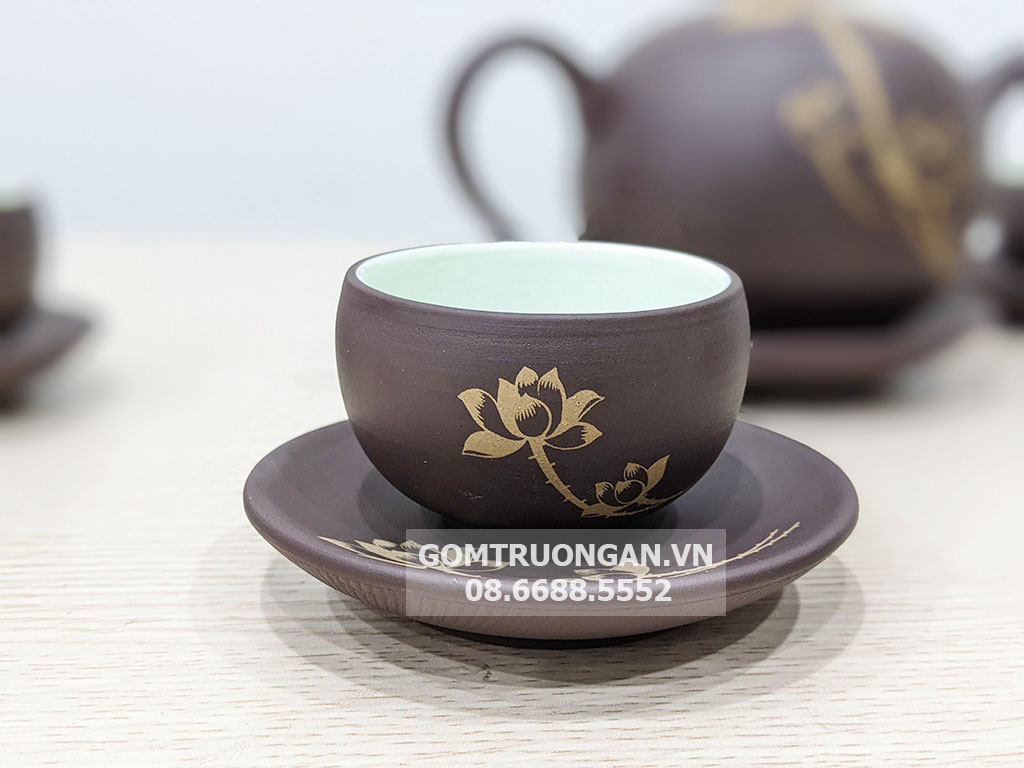 Bộ ấm chén hồng sa Bát Tràng hoa sen sang trọng quà tặng ý nghĩa
