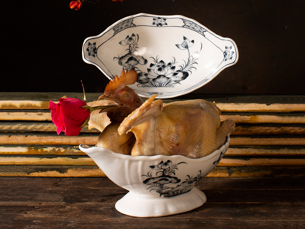 Bát đựng gà cúng vẽ sen chàm Bát Tràng Sứ men bóng Cao cấp 