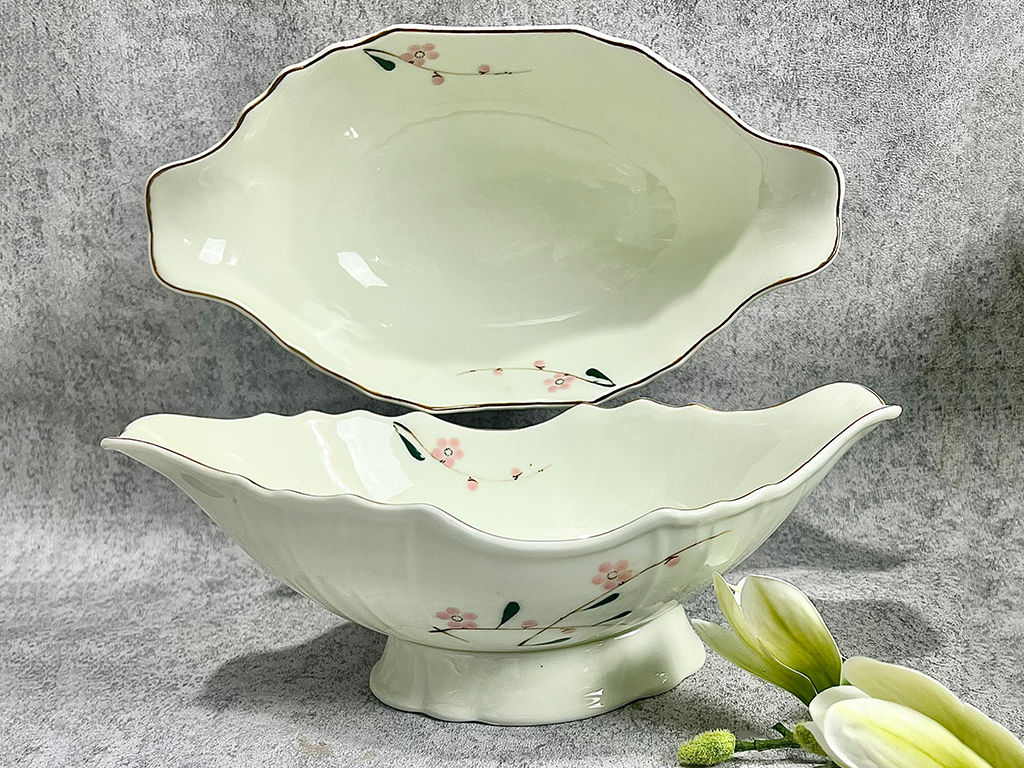 Bát đựng gà cúng Bát Tràng men bóng hoa đào hồng đẹp độc đáo 