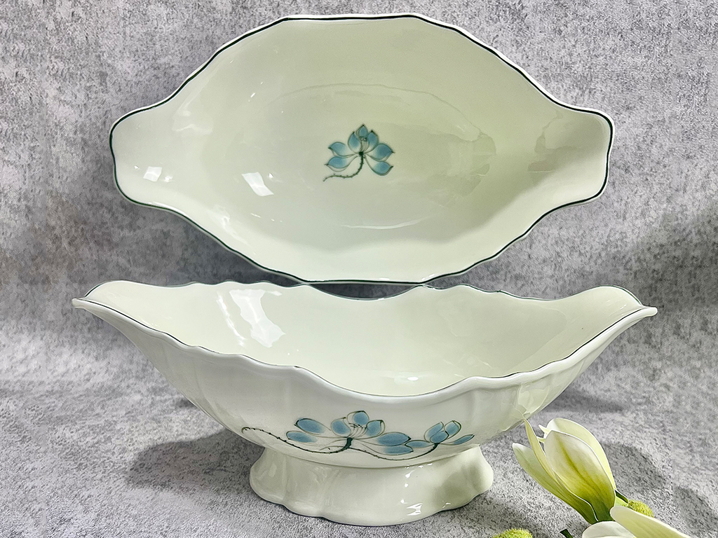 Bát đựng gà cúng Bát Tràng Sứ men bóng họa tiết sen xanh 