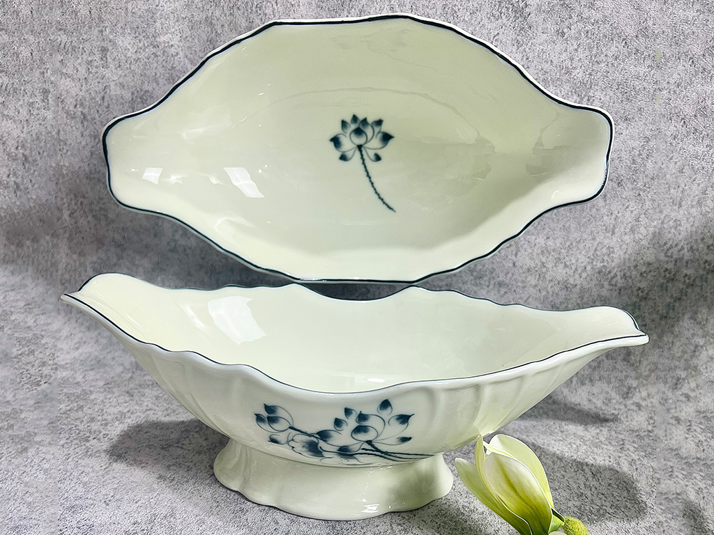 Bát đựng gà cúng sen lam Ba cành sứ Bát Tràng đẹp bền 