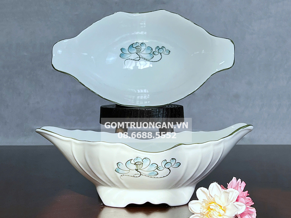 Bát đựng gà cúng men trắng vẽ sen xanh đẹp sang trọng 