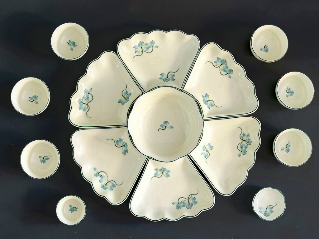 Bộ bát đĩa thờ cúng hoa sen xanh nơ nhỏ sang trọng tiện dụng Bộ bát đĩa thờ cúng hoa sen xanh nơ nhỏ sang trọng tiện dụng