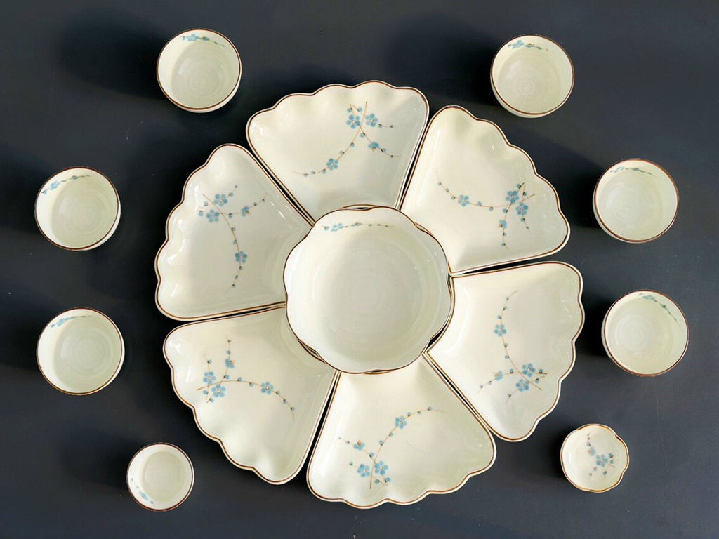 Bộ bát đĩa thờ cúng hoa đào xanh Bát Tràng 15 món chất lượng