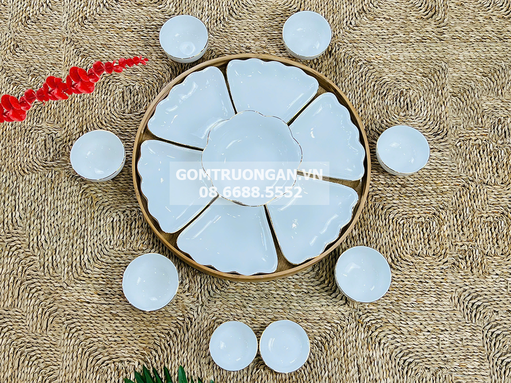 Bộ bát đĩa mâm cúng men trắng kẻ chỉ vàng kim 55cm Bát Tràng cao cấp 
