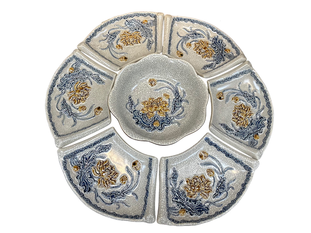 Bộ bát đĩa thờ cúng Bát Tràng hoa sen men rạn chính hãng, sang trọng, bền đẹp 