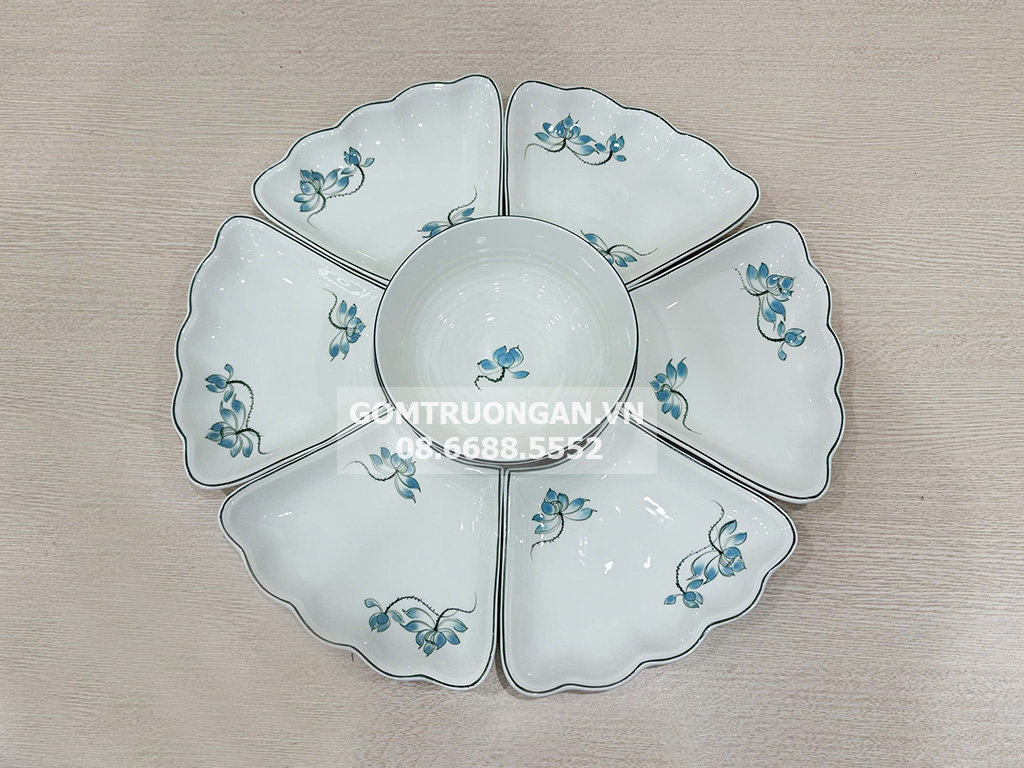 Bộ bát đĩa thờ hoa mặt trời sen xanh 7 món sứ Bát Tràng dễ dùng 