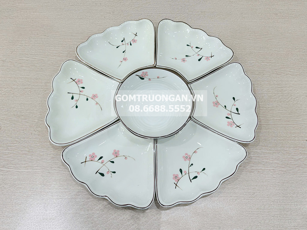 Bộ bát đĩa mâm cúng 7 chi tiết hoa đào hồng men kem Bát Tràng 