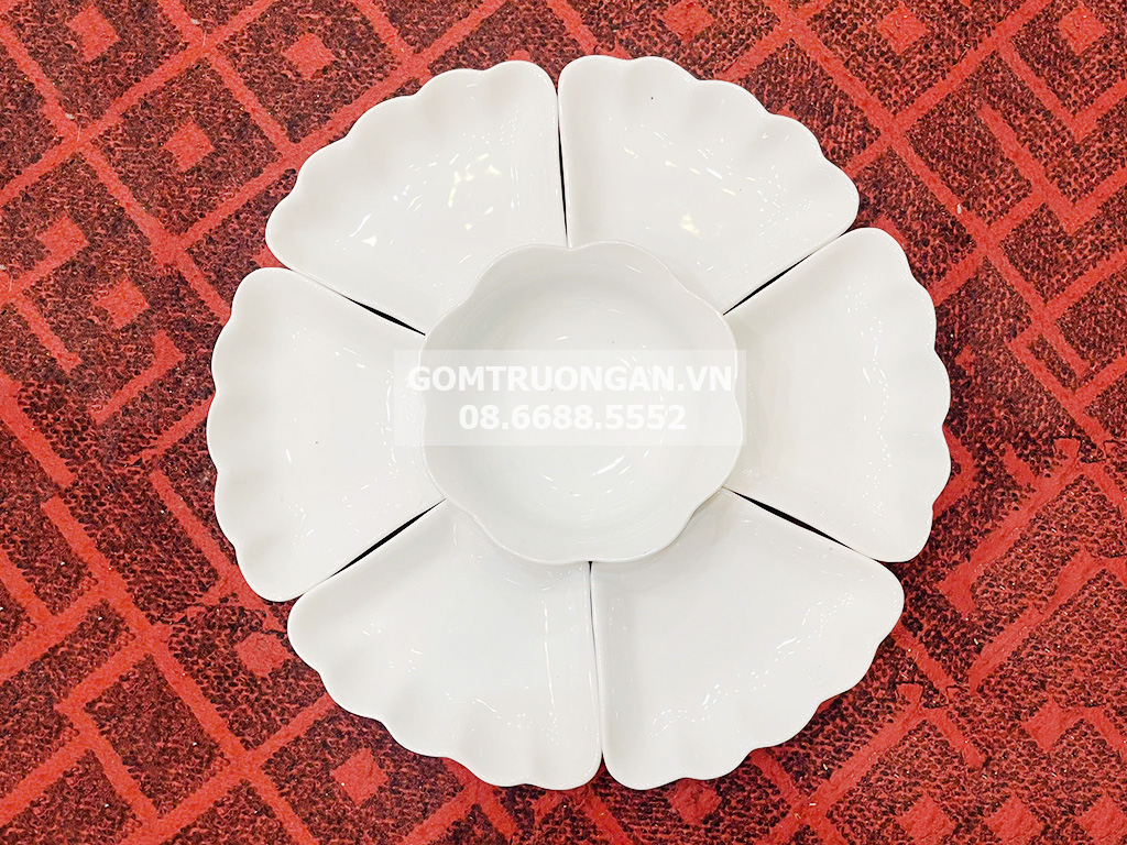 Bộ bát đĩa Bát Tràng men trắng 7 món 55cm sang trọng cúng gia tiên 