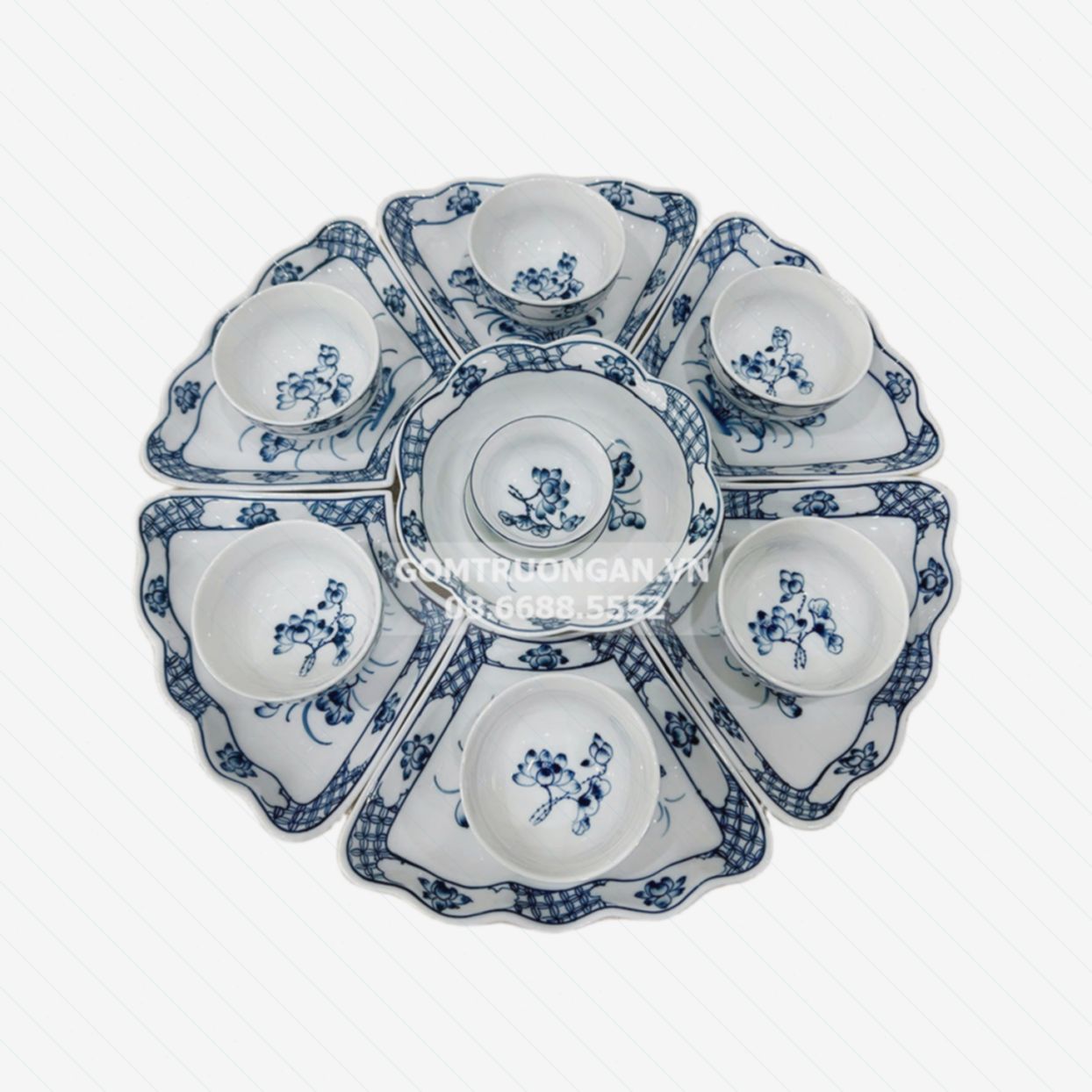 Bộ bát đĩa thờ cúng men trắng hoa sen xanh sang trọng chuẩn Bát Tràng 