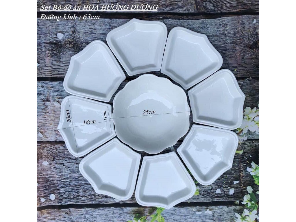 Bộ đĩa hoa mặt trời men trắng 10 người ăn đẹp Bát Tràng Bộ đĩa hoa mặt trời men trắng 10 người ăn đẹp Bát Tràng