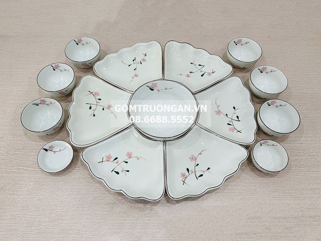 Bộ bát đĩa mâm cúng hoa mặt trời đào hồng men kem an toàn tiện lợi 