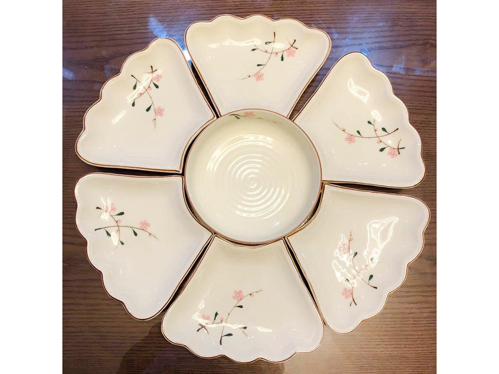 Bộ bát đĩa mâm cúng hoa mặt trời đào hồng men kem an toàn tiện lợi
