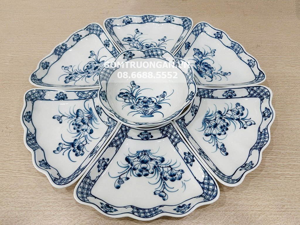 bộ bát đĩa thờ cúng men trắng hoa sen xanh bộ 7 món cao cấp 