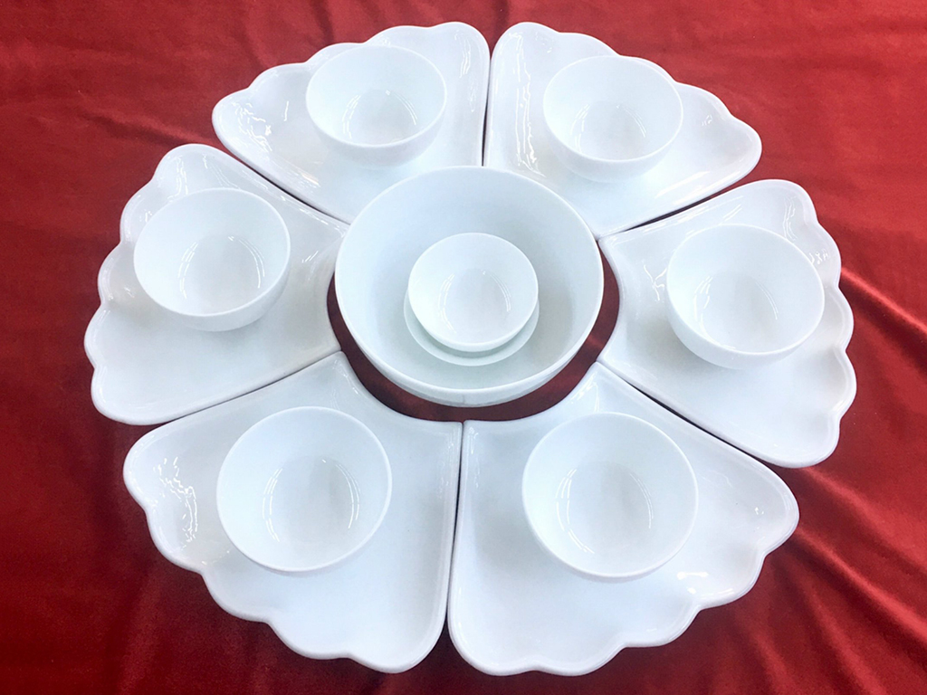 Bộ bát đĩa men trắng 45cm cúng gia tiên chất liệu sứ Bát Tràng 