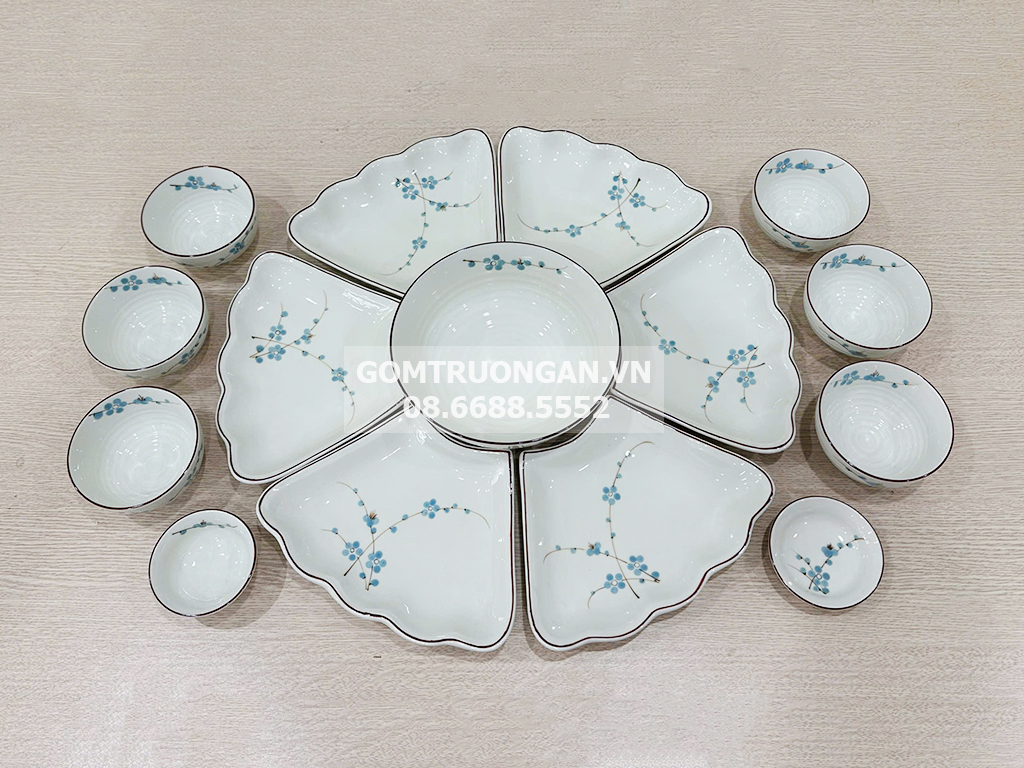 Bộ bát đĩa Bát Tràng men kem hoa mặt trời chuẩn mâm cúng gia tiên sang trọng an toàn