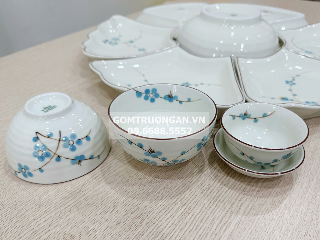 Bộ bát đĩa Bát Tràng men kem hoa mặt trời chuẩn mâm cúng gia tiên sang trọng an toàn