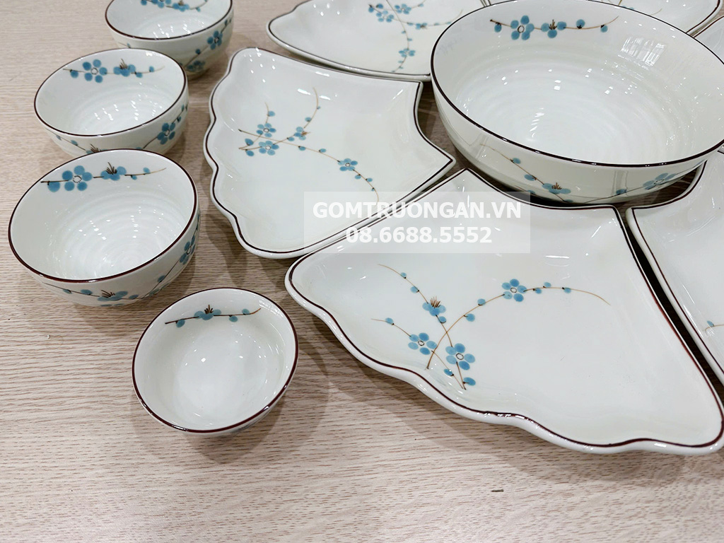 Bộ bát đĩa Bát Tràng men kem hoa mặt trời chuẩn mâm cúng gia tiên sang trọng an toàn