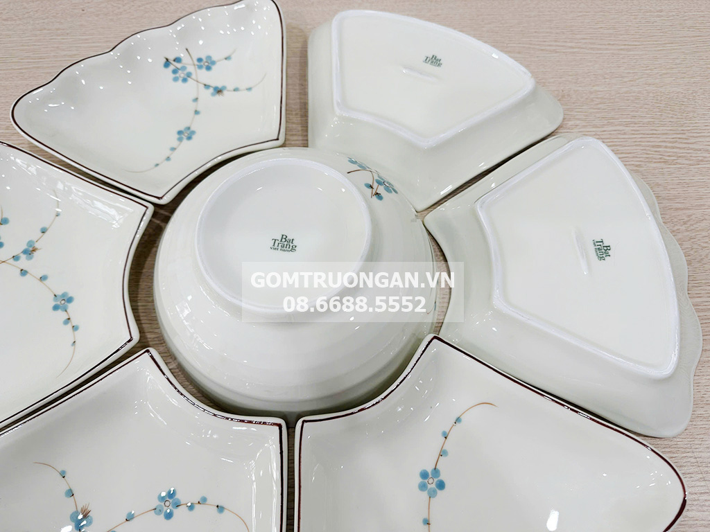 Bộ bát đĩa Bát Tràng men kem hoa mặt trời chuẩn mâm cúng gia tiên sang trọng an toàn