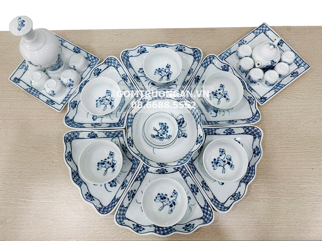 Bộ Bát Đĩa Thờ Hoa Sen Men Lam Cỡ Lớn Đầy Đủ Chuẩn Bát Tràng 