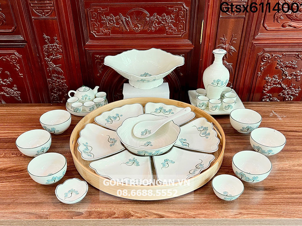 Bộ bát đĩa sen xanh hoa mặt trời 20 món Bát Tràng đẹp 