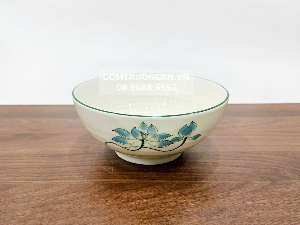 Bát tô men kem vẽ hoa sen xanh 16cm đẹp độc lạ tiện dụng 