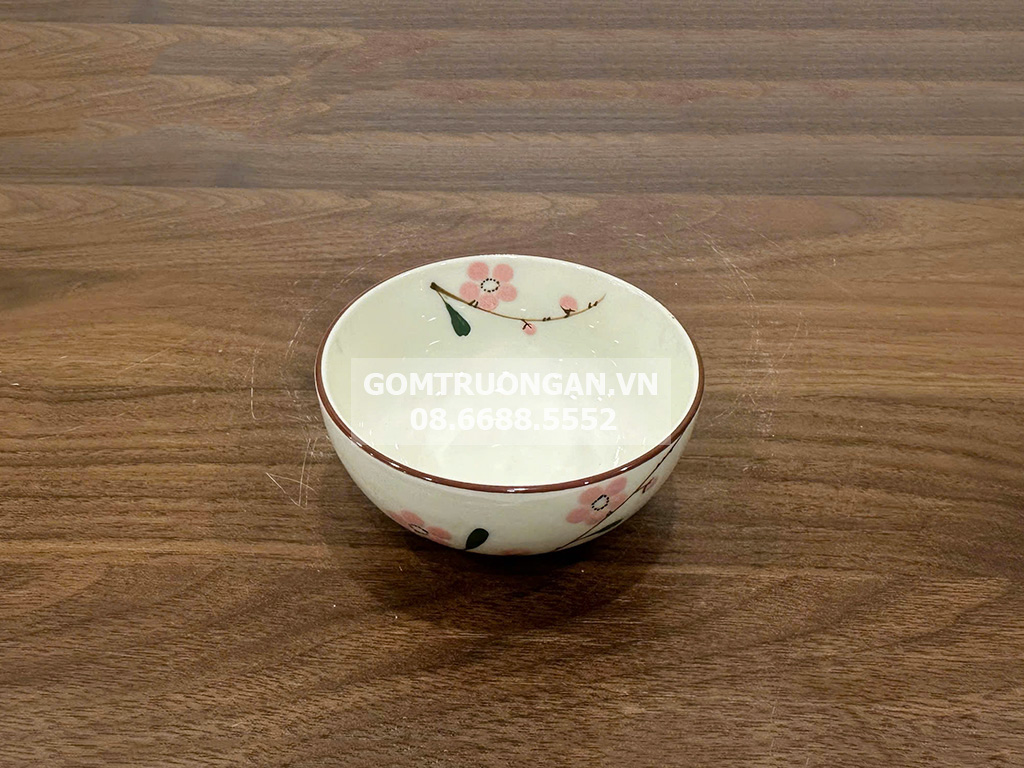Bát mắm men kem vẽ hoa đào hồng đẹp bền sang trọng 