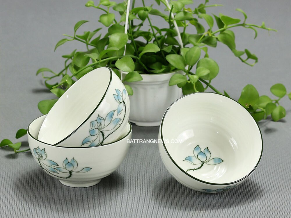 Bộ 6 bát ăn cơm Bát Tràng men kem hoa sen xanh cao cấp