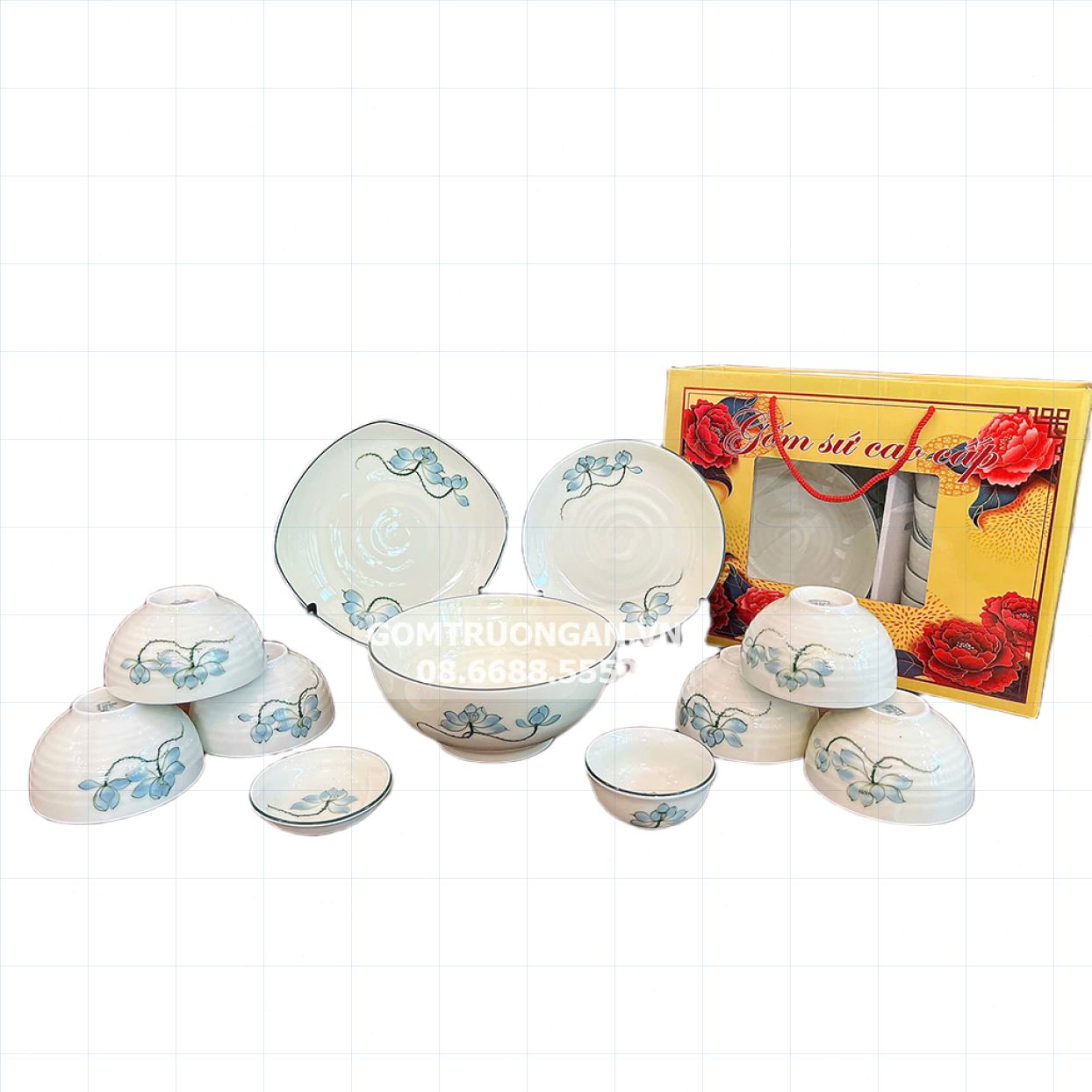 Bộ bát đĩa Bát Tràng 11 món cao cấp quà tặng sang trọng hoa sen 