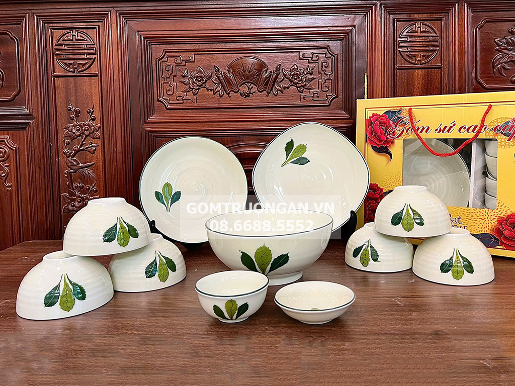 Bộ bát đĩa Bát Tràng vẽ ngò gai 11 món cao cấp quà tặng sang trọng 