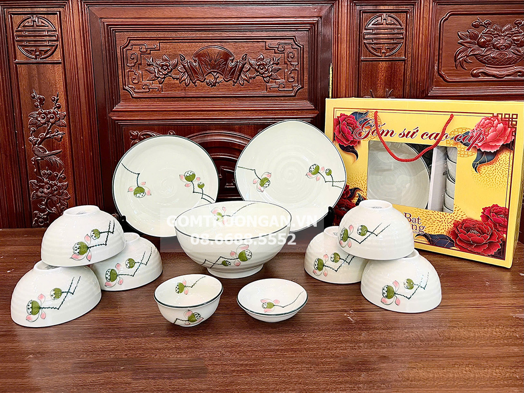 Bộ bát đĩa Bát Tràng cao cấp Đài Sen quà tặng sang trọng 