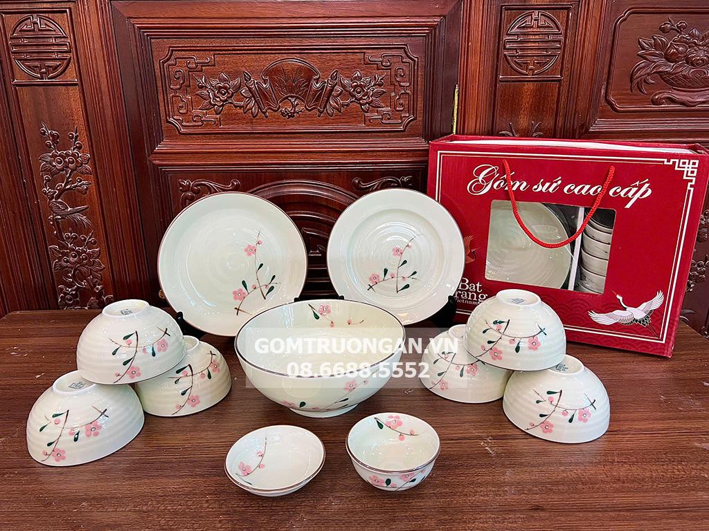 Bộ bát đĩa Bát Tràng 11 món cao cấp vẽ đào hồng quà tặng sang trọng 