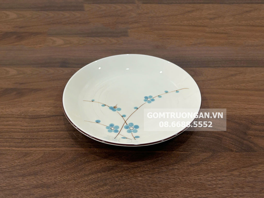 Đĩa tròn men kem hoa đào xanh sang trọng 16cm đẹp 